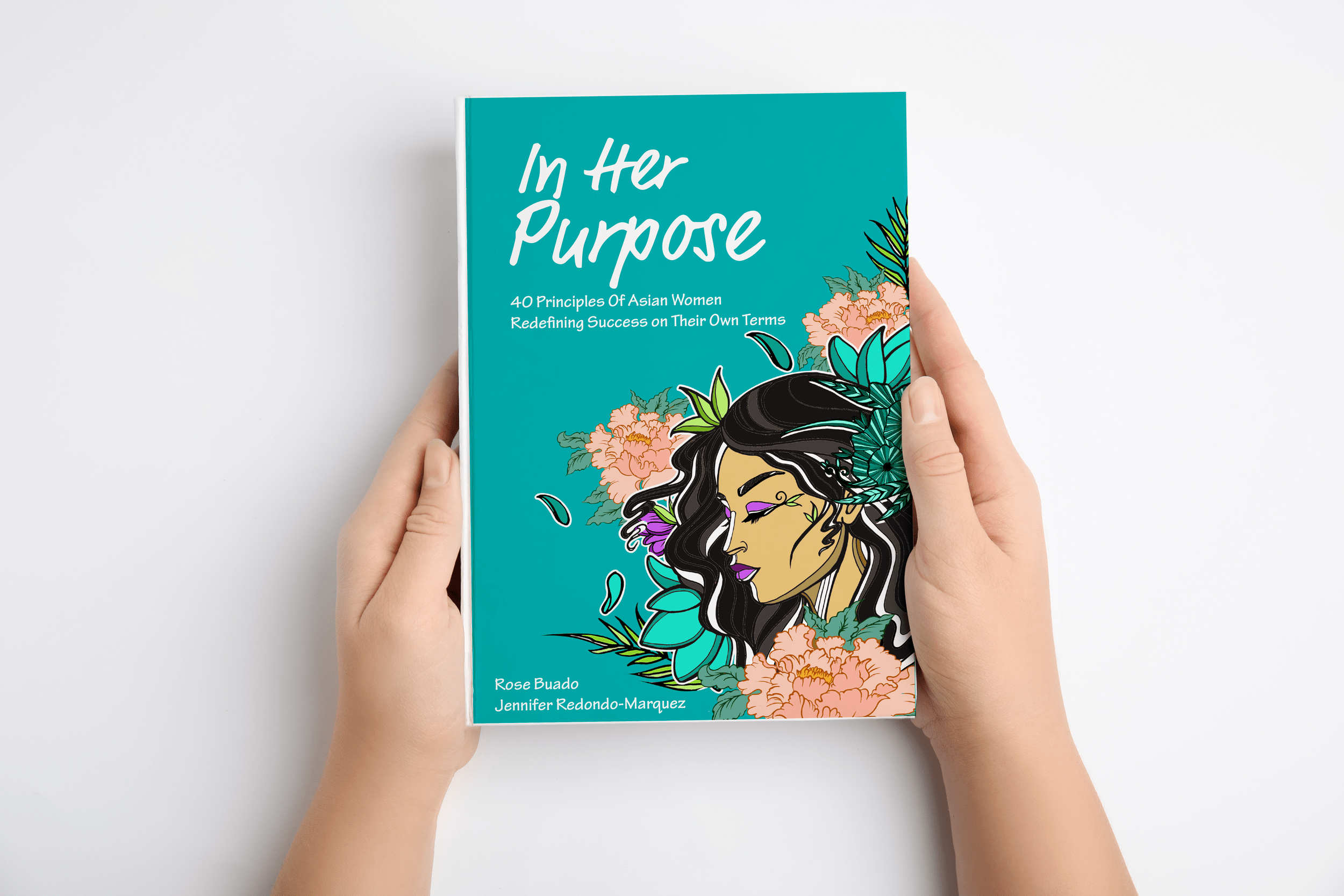 Close view of woman in white woolen sweater holding a book with empty pink cover in. The Book In Her Purpose